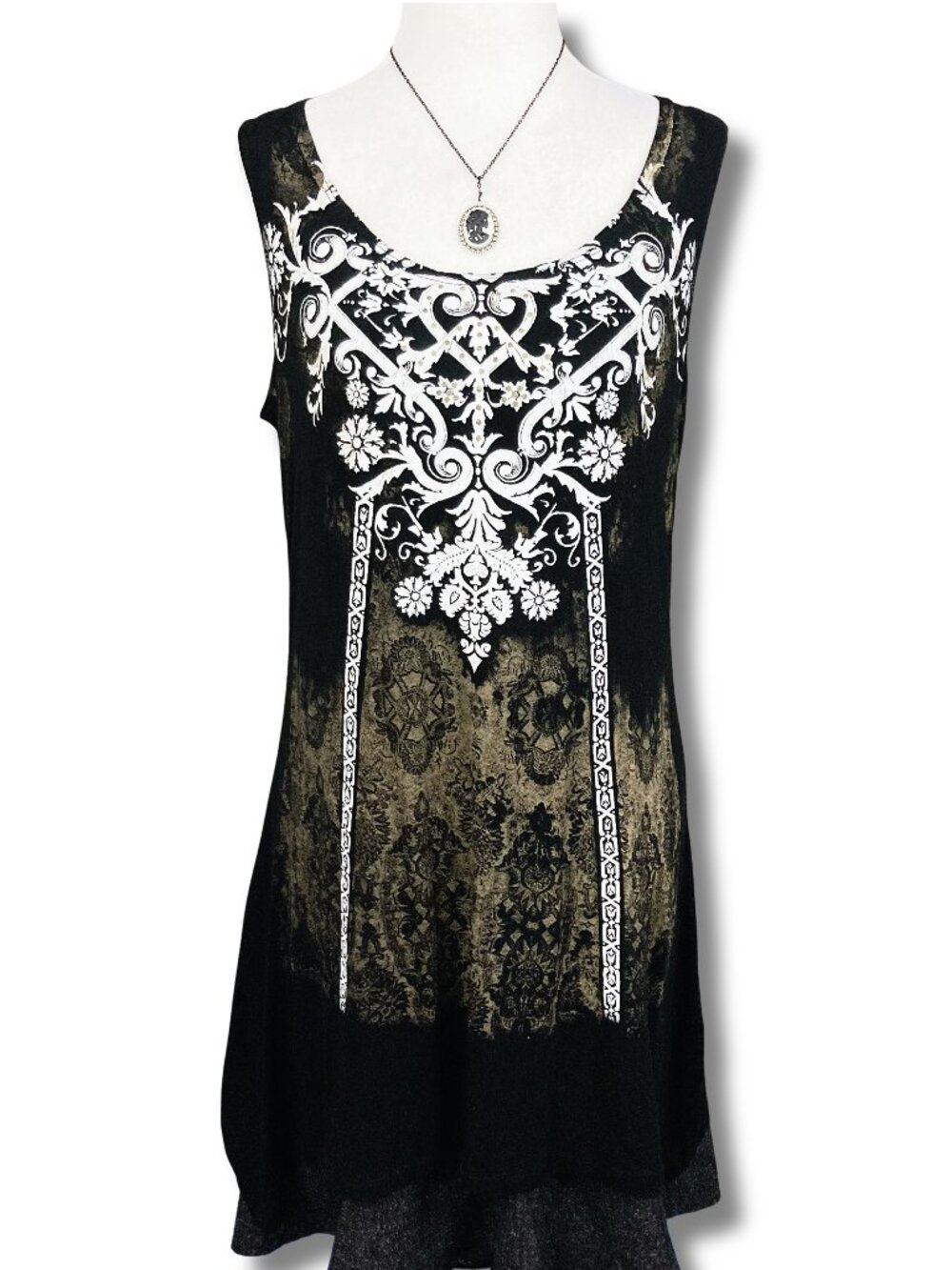 INITIATIVES Long black gold brown handkerchief hem ornate floral tank top MEDIUM